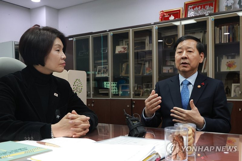 '트럼프 관세 인상 언급' 관련 면담하는 한정애 정책위의장과 구윤철 부총리 (출처=연합뉴스)