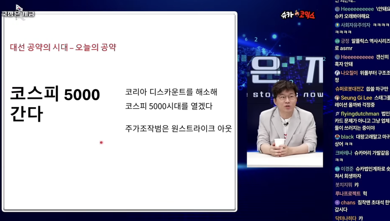 지난해 4월 21일 '머니코믹스'에 출연한 슈카월드가 이재명 당시 대선후보의 코스피 5000 공약에 대해 말하고 있다. /사진=유튜브 '머니코믹스' 캡처