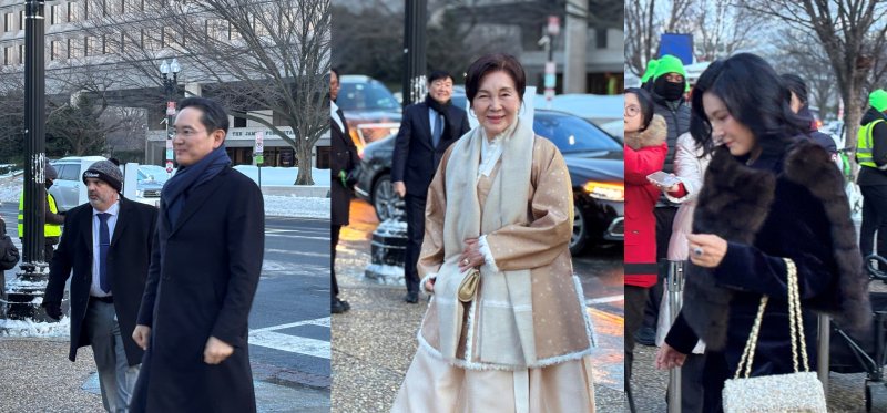 삼성은 28일(현지시간) 미국 워싱턴 D.C. 스미스소니언 예술산업관에서 '이건희(KH) 컬렉션' 전시회의 성공적인 마무리를 기념하는 갈라 디너 행사를 열었다. 행사장에 들어가는 이재용 삼성전자 회장, 홍라희 리움미술관 명예관장, 이서현 삼성물산 사장. 뉴시스