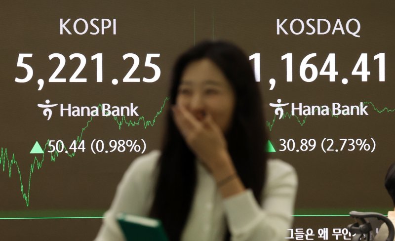 [서울=뉴시스] 조성우 기자 = 코스피가 전 거래일(5170.81)보다 50.44포인트(0.98%) 오른 5221.25에 장을 마감한 29일 오후 서울 중구 하나은행 딜링룸 전광판에 지수가 표시되고 있다. 2026.01.29. xconfind@newsis.com