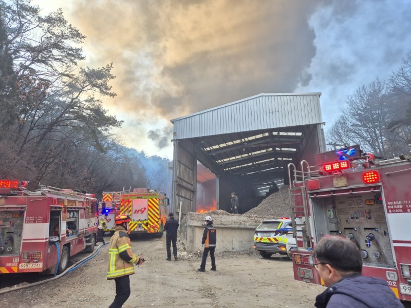 단양군 매포읍 폐기물 업체에서 난 화재가 야산으로 확산, 소방이 진화에 나서고 있다. (단양군 제공. 재판매 및 DB금지)/뉴스1