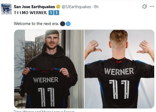 티모 베르너의 영입을 발표한 MLS 새너제이. (출처=연합뉴스)