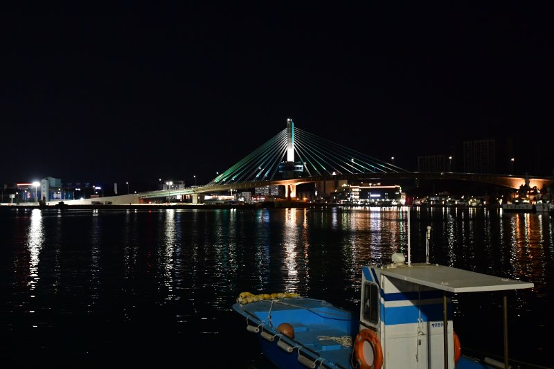 경북 포항시 송도동(송도해수욕장)과 항구동(영일대해수욕장)을 연결하는 해오름대교 임시 개통식이 열린 31일 오후 해오름대교 경관 조명이 동빈내항과 밤 바다를 밝히고 있다. 2026.1.31/뉴스1 ⓒ News1 최창호 기자