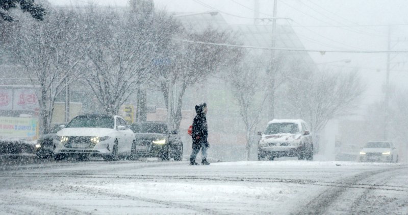 [전주=뉴시스] 김얼 기자 = 전북 전역에 대설특보가 발효된 전주 덕진구 호성동 동부대로에서 한 시민이 눈 쌓인 길을 지나고 있다. pmkeul@newsis.com