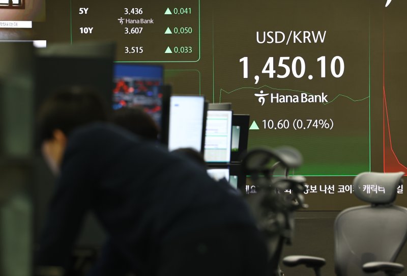 2일 오전 서울 중구 하나은행 딜링룸 전광판에 원-달러 환율이 표시되고 있다.뉴시스