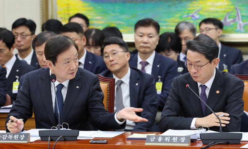 이찬진 금융감독원장(왼쪽)과 이억원 금융위원장이 지난해 10월 국회 종합감사에서 대화하고 있는 모습. ⓒ News1 신웅수 기자