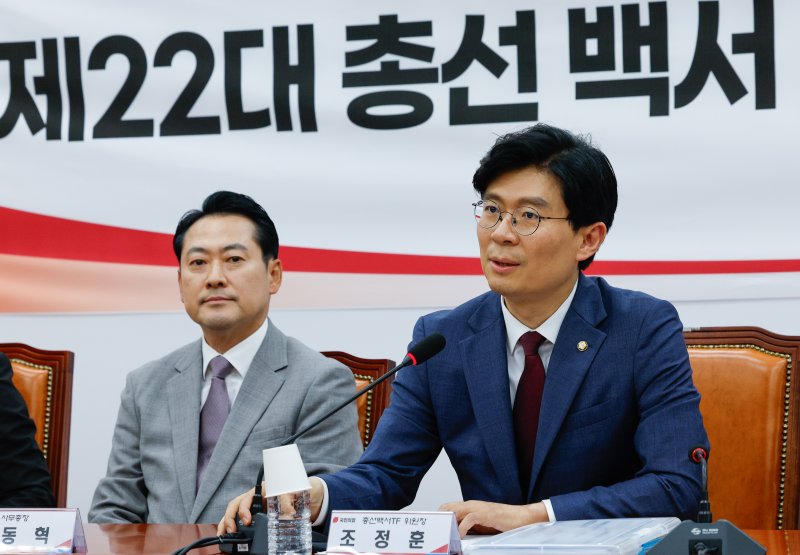 조정훈 당시 국민의힘 제22대 총선 백서 특별위원회 위원장이 29일 오후 서울 여의도 국회에서 백서특위 제5차 전체회의를 주재하고 있다. 왼쪽은 장동혁 대표. 2024.5.29/뉴스1 ⓒ News1 안은나 기자