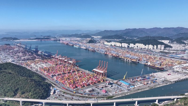 부산항만공사는 부산항의 올해 목표 물동량을 2025년 대비 약 50만 TEU 증가한 2540만 TEU로 설정했다고 2일 밝혔다. 4부두 상공에서 바라본 부산항 전경. 부산항만공사 제공