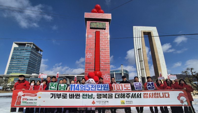 [무안=뉴시스] 전남사랑의열매 직원들이 2일 오전 전남 무안군 전남도청 앞광장에서 '희망2026 나눔캠페인 폐막식' 기념 촬영을 하고 있다. (사진=전남사회복지공동모금회 제공) 2026.02.02. photo@newsis.com *재판매 및 DB 금지