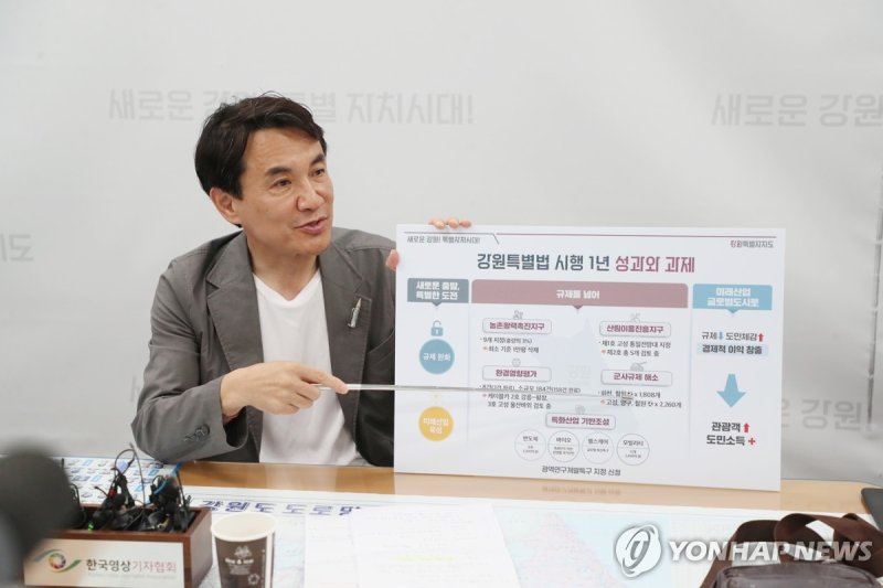 지난해 6월 강원특별법 시행 1년 성과와 과제 설명하는 김진태 도지사 (출처=연합뉴스)