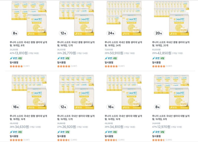 쿠팡 PB인 씨피엘비(CPLB) '루나미' 소프트 생리대 판매 화면. /사진=연합뉴스