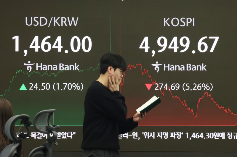 코스피가 5%넘게 급락하며 5000선이 붕괴된 2일 오후 서울 중구 하나은행 본점 딜링룸 현황판에 종가가 전장대비 274.69포인트(5.26%)하락한 4,949.67을 나타내고 있다. 이날 코스닥 지수도 4% 넘게 하락하며 장을 마쳤으며 원달러환율은 24.60원 상승한 1,464.10원에 거래되고 있다. 2026.2.2/뉴스1 ⓒ News1 이광호 기자
