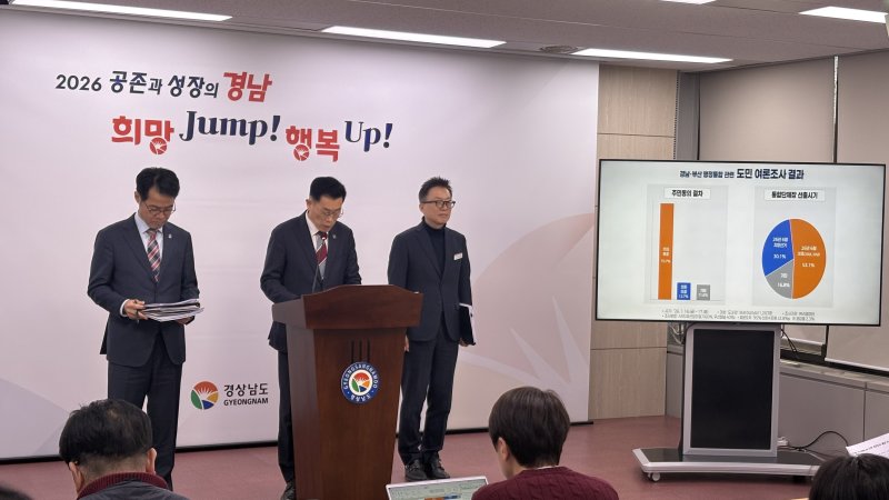 김기영 경남도 기획조정실장이 3일 도청 프레스센터에서 행정통합 관련 여론조사 결과를 발표하고 있다.2026.2.3/뉴스1 강정태 기자