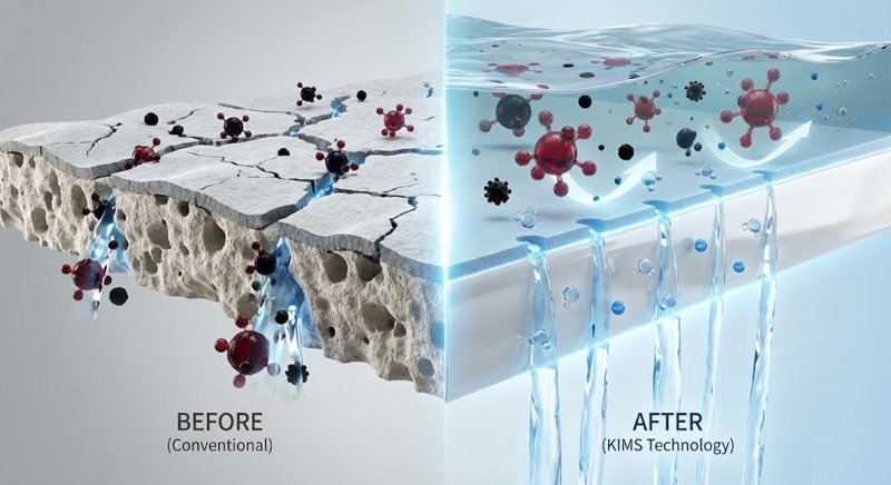 [창원=뉴시스]한국재료연구원 나노재료연구본부 이홍주·송인혁 박사 연구팀이 개발한 ‘초평탄·무결점’ 나노 여과막 제조 기술을 적용한 세라믹 분리막 구조(오른쪽)와 기존 방식의 세라믹 분리막 구조 비교.(자료=한국재료연구원 제공)2026.02.03. photo@newsis.com
