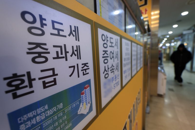 청와대가 다주택자 양도소득세 중과 유예 종료를 오는 5월 9일로 확정하며 다주택자들을 강하게 압박하는 가운데 3일 서울 송파구 한 공인중개사 사무실에 양도세 등 세금 관련 안내문이 붙어 있다. 이재명 대통령은 전날 '개포 4억 낮춘 급매 나와…"좀 더 지켜보자＂ 거래는 아직'이라는 제목의 기사를 엑스에 공유하며 부동산 시장 상황을 예의주시하고 있는 것으로 보인다. 2026.2.3/뉴스1 ⓒ News1 박정호 기자