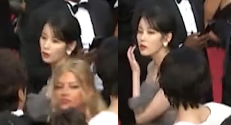 2022년 칸 영화제 공식 영상 속 아이유가 밀침당하는 장면 (출처=연합뉴스)
