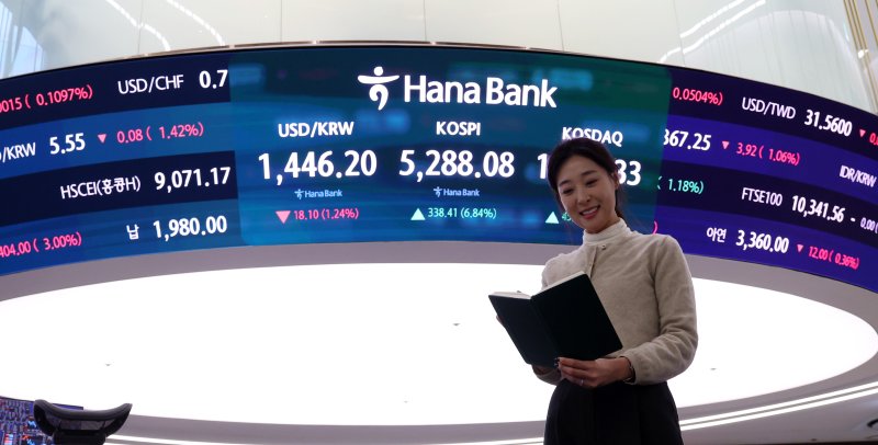 [서울=뉴시스] 이영환 기자 = 코스피가 전 거래일(4949.67)보다 338.41포인트(6.84%) 오른 5288.08에 마감한 지난 3일 오후 서울 중구 하나은행 딜링룸 전광판에 지수가 표시되어 있다. 2026.02.03. 20hwan@newsis.com