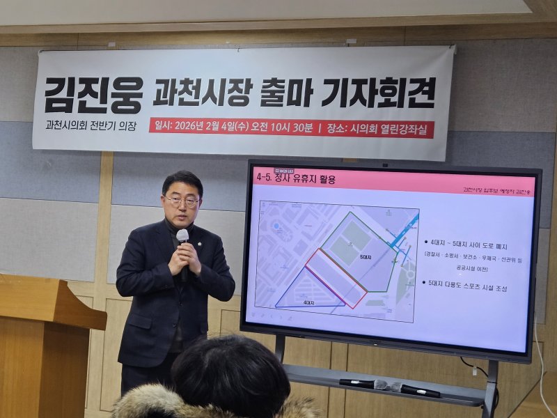 [과천=뉴시스] 박석희기자=김진웅 과천시 의회 시의원이 4일 6·3지방선거 과천시장 출마 기자회견을 열고 있다.2026.02.04 phe@newsis.com