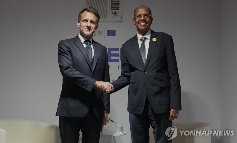 마크롱(왼쪽) 프랑스 대통령과 악수하는 에머슨 음낭가과 짐바브웨 대통령 (출처=연합뉴스)