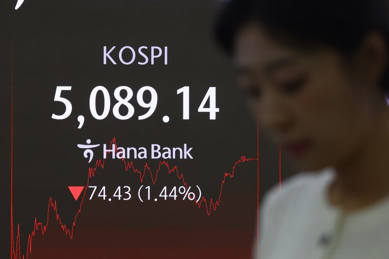 [서울=뉴시스] 황준선 기자 = 코스피가 전 거래일(5163.57)보다 74.43포인트(1.44%) 내린 5089.14에 마감한 6일 오후 서울 중구 하나은행 딜링룸 전광판에 지수가 표시돼 있다. 2026.02.06. hwang@newsis.com