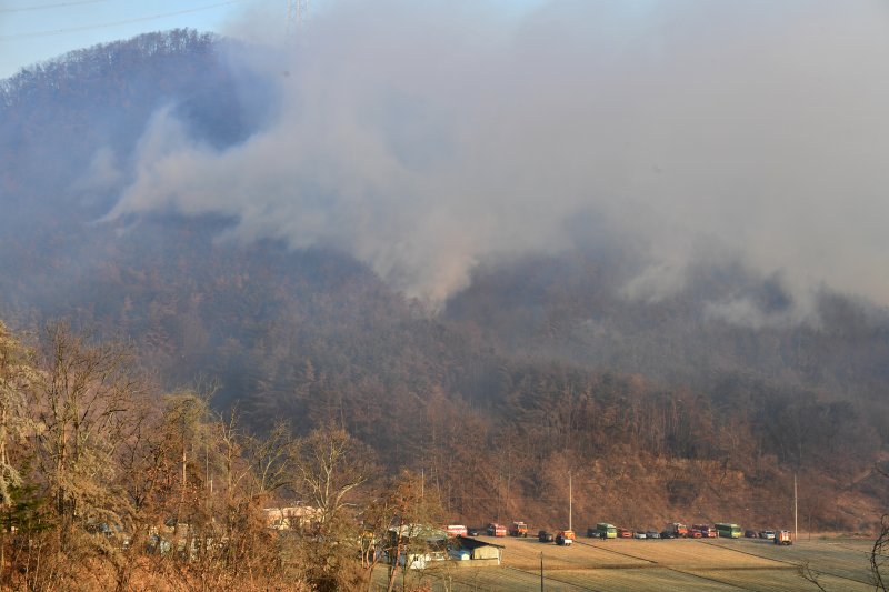 8일 오전 경북 경주시 문무대왕면 입천리에서 발생한 산불이 강풍을 타고 확산하고 있다. 2026.2.8 ⓒ 뉴스1 최창호 기자