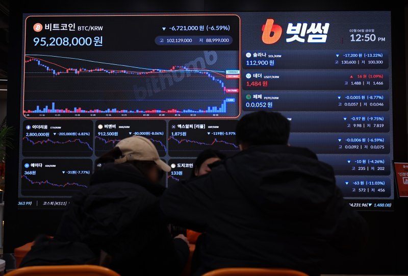 6일 서울 강남구 빗썸 라운지에 설치된 암호화폐 시세 현황판 앞에서 방문객들이 계좌 개설 상담을 받고 있다. 이날 비트코인 1개의 가격은 종가 기준 2024년 10월 말 이후 최저 수준인 6만6060달러를 기록했다. 2026.2.6 ⓒ 뉴스1 구윤성 기자