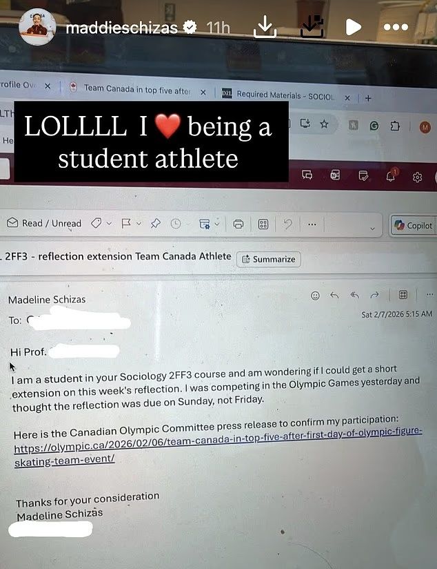 "올림픽 때문에 과제를 못 냈어요"…캐나다 피겨 선수의 '금메달급' 사유서 [2026 밀라노]