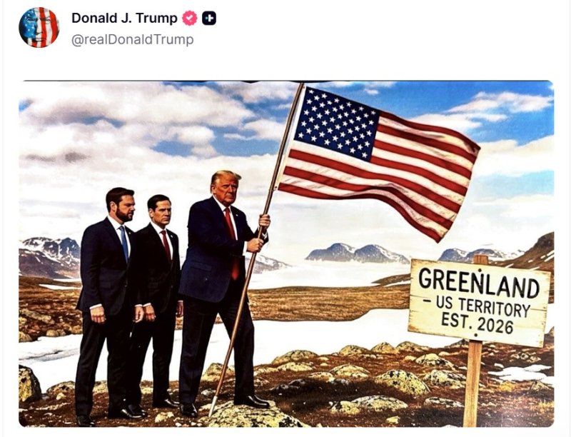 도널드 트럼프 미국 대통령이 지난 1월 20일(현지 시간) 새벽 소셜미디어 트루스소셜에 2026년까지 그린란드를 미국에 병합하고, 나아가 캐나다와 베네수엘라까지 합병하는 내용을 암시하는 합성 사진을 게시해 논란이 일고 있다. 논란의 사진. 트루스소셜 캡쳐. AP·뉴시스