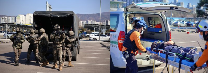 [울산=뉴시스] 53사단 울산여단이 2026년 동계 전투준비태세 확립 훈련의 일환으로 울산공항 일대에서 민·관·군·경·소방 통합방호훈련하고 있다. (사진=육군 제53보병사단 제공) 2026.02.12. photo@newsis.com *재판매 및 DB 금지