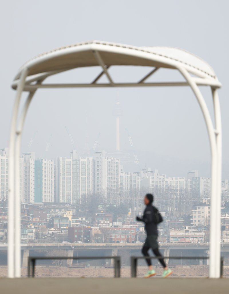 [서울=뉴시스] 황준선 기자 = 서울의 미세먼지 농도가 '나쁨' 수준을 보인 15일 서울 서초구 반포한강공원에서 바라본 도심이 뿌옇게 흐리다. 2026.02.15. hwang@newsis.com