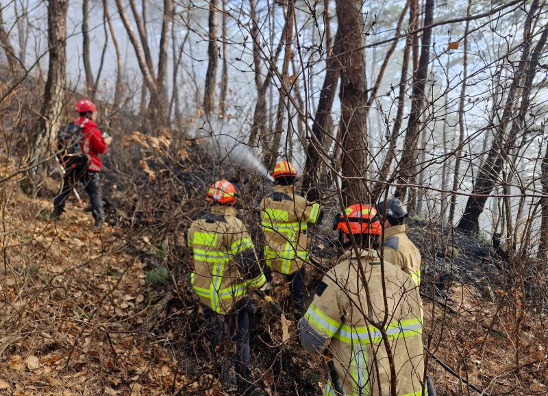 [청도=뉴시스] 16일 오후 1시26분께 경북 청도군 풍각면 수월리 한 야산에서 불이 나 소방당국이 진화 작업을 펼치고 있다. (사진=청도소방서 제공) 2026.02.16. photo@newsis.com