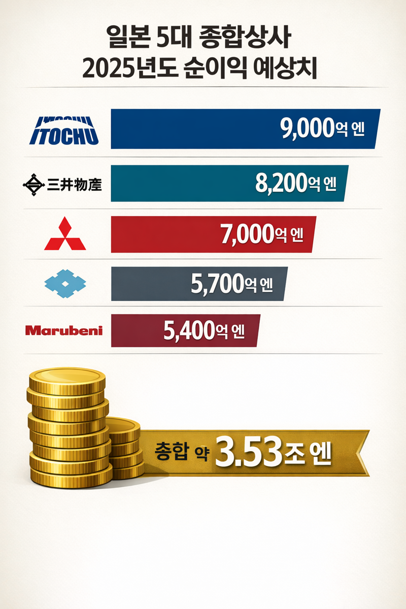 일본 종합상사 2025년 예상 순이익. 각사 전망치. 그래픽/AI 활용
