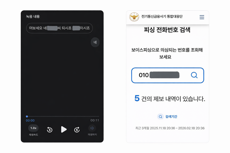 모르는 번호로 걸려온 전화에 "네"라고 응답하자 곧바로 종료된 통화 녹음 내용 캡쳐(왼쪽)와 해당 번호를 조회하자 피싱 의심 번호로 제보 이력이 확인된 경찰청 사이트 캡쳐. 독자 제공