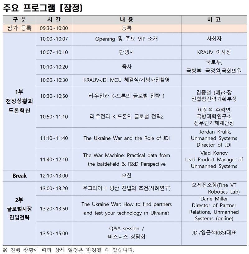 한국무인이동체연구조합이 오는 24일 서울 용산 전쟁기념관에서 '러-우 전장 드론 혁명, 그 현장으로 초대'를 주제로 개최하는 컨퍼런스 주요 프로그램. 한국무인이동체연구조합(KRAUV) 제공