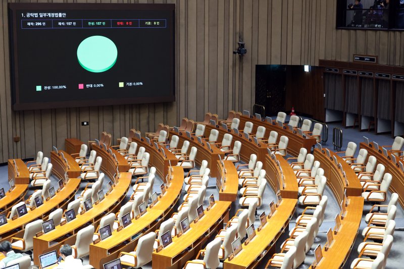 [서울=뉴시스] 김금보 기자 = 지난 12일 오후 서울 여의도 국회에서 열린 제432회국회(임시회) 제6차 본회의에서 국민의힘 보이콧 속에 공탁법 개정안이 가결되고 있다. 국민의힘은 전날 여권 주도로 법제사법위원회에서 '대법관 증원법'과 '재판소원허용법'을 강행 처리한것을 두고 본회의 보이콧을 선언했다. 2026.02.21. kgb@newsis.com