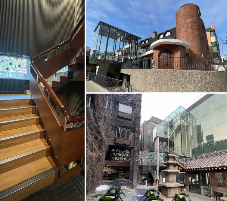 한국 근현대 건축의 원형을 지키기 위한 노력은 지금도 계속되고 있다. 스타벅스 매장이 들어선 나상진의 주택 안 계단 손잡이(왼쪽), 전면 통유리로 만든 김중업의 주택 앞 전시 공간(오른쪽 위)과 아라리오뮤지엄의 신사옥. /사진=서윤경 기자