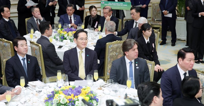 최태원(오른쪽) 대한상공회의소 회장 겸 SK그룹 회장과 이재용(앞줄 왼쪽 두번째) 삼성전자 회장이 23일 청와대에서 열린 브라질 루이스 이나시우 룰라 다시우바 대통령 국빈 방한 환영 만찬에 참석해 있다. 청와대통신사진기자단