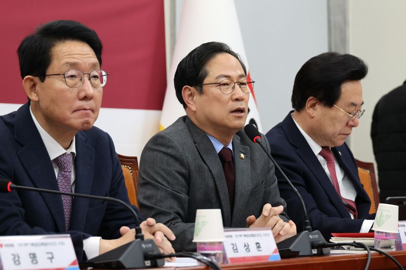 국민의힘 대미투자특별법특위 박수영 간사(가운데)가 24일 국회에서 열린 대미투자특별법안 관련 경제계 조찬간담회에서 인사말을 하고 있다. 사진=서동일 기자