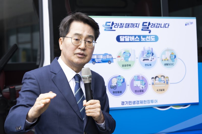 24일 오후 경기융합타운 내 부지에서 김동연 지사가 민생경제 현장투어 '달라질 때까지 달려갑니다' 프로젝트 소개를 하고 있다. 뉴시스
