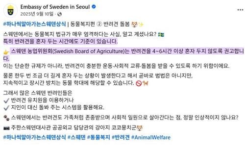 "스웨덴은 반려견 4∼6시간 이상 혼자 두면 안돼" (출처=연합뉴스)