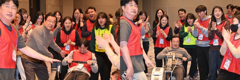 26일 오후 강원도 속초리조트에서 열린 조직 활성화 교육 워크숍에서 이현재 하남시장과 7급 이하 공무원들이 로잉 프로그램을 진행하고 있다. 사진=김경수 기자