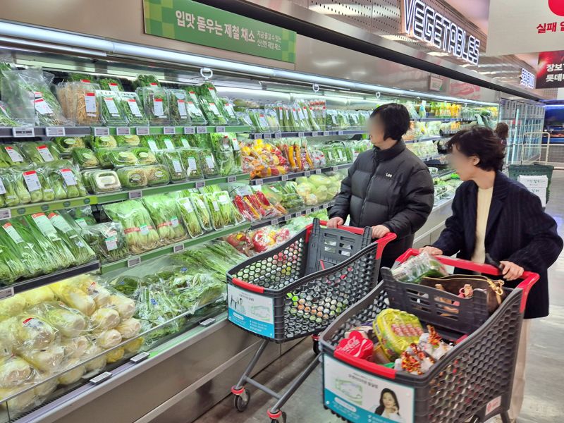 롯데마트에서 고객들이 채소를 살펴보고 있다. 롯데마트 제공