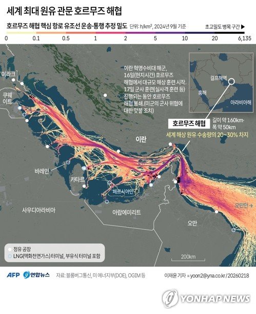 [그래픽] 세계 최대 원유 관문 호르무즈 해협 (출처=연합뉴스)