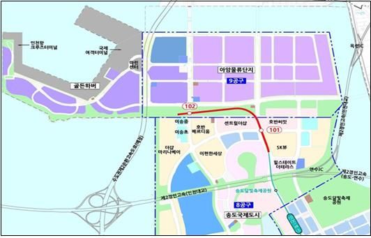 인천시는 송도국제도시 8공구 지역의 철도 교통 인프라 확충을 위한 ‘인천1호선 송도8공구 연장사업 예비타당성조사 대응 연구용역’을 착수했다. 사진은 인천1호선 송도8공구 연장사업 노선도. 인천시 제공.