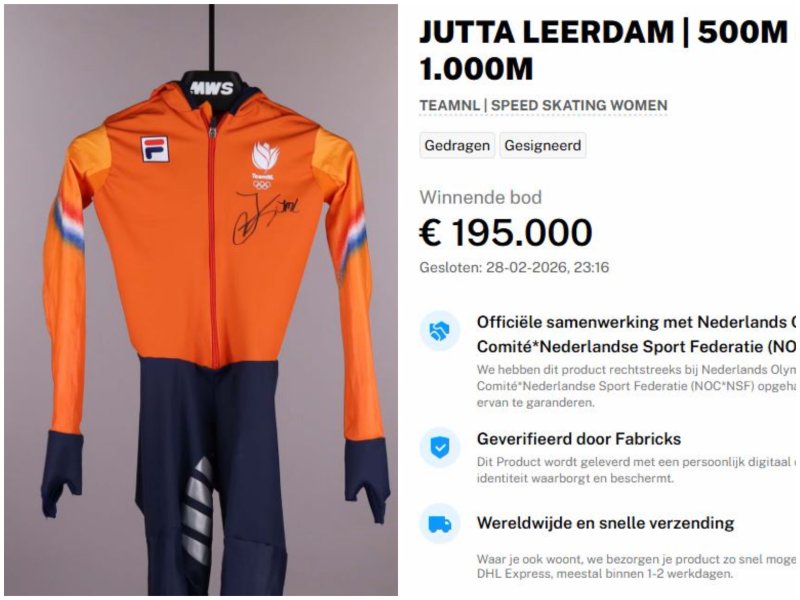 2026 밀라노·코르티나담페초 동계 올림픽 스피드스케이팅 여자 1000m 금메달리스트 유타 레이르담(네덜란드)이 실제 경기에서 착용한 유니폼이 약 3억3000만원에 낙찰됐다. /사진=유니폼 전문 경매 플랫폼 '매치원셔츠' 캡처, 뉴시스