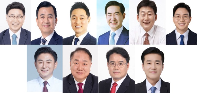 [의정부=뉴시스] 윗줄 왼쪽부터 더불어민주당 김원기, 심화섭, 오석규, 안병용, 임근재, 정진호, 아랫줄 왼쪽부터 국민의힘 김동근, 박성복, 조국혁신당 장수봉, 진보당 이준일.(사진=뉴시스 DB) photo@newsis.com