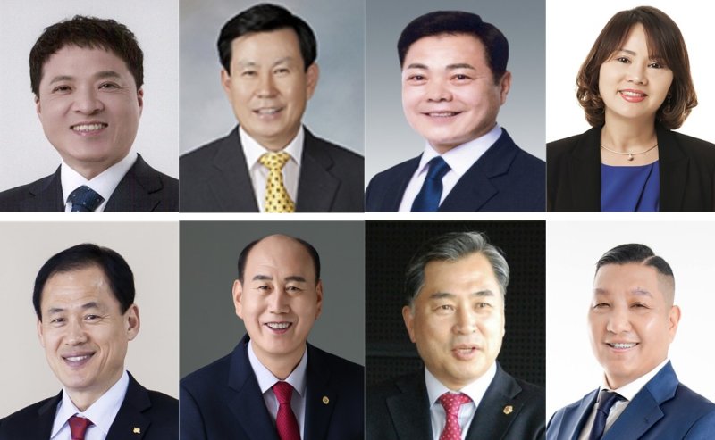 [동두천=뉴시스] 첫번째줄 왼쪽부터 더불어민주당 박태희 전 경기도의원, 소원영 전 시의원, 이인규 경기도의원, 정계숙 전 시의원. 두번째줄 왼쪽부터 국민의힘 김승호 동두천시의회 의장, 박형덕 동두천시장, 홍석우 전 경기도의원, 조국혁신당 유광혁 동두천·양주·연천 지역위원장. (사진=정당별 가나다순) photo@newsis.com