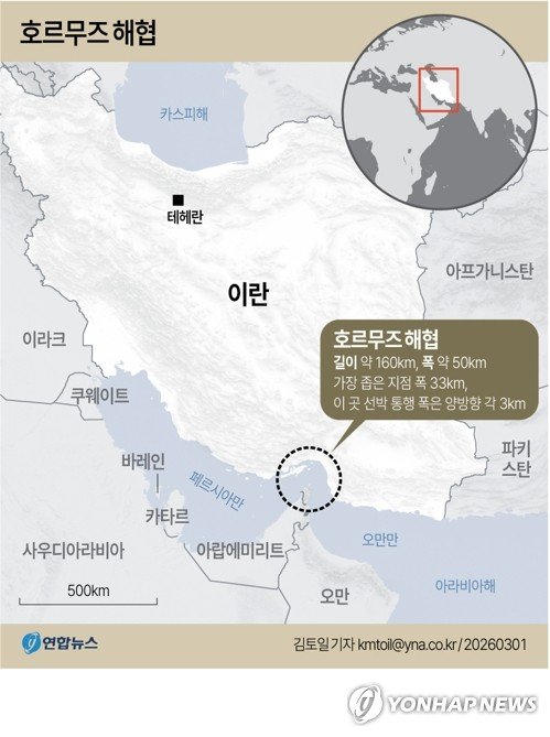 [그래픽] 세계 최대 원유 관문 호르무즈 해협 (출처=연합뉴스)