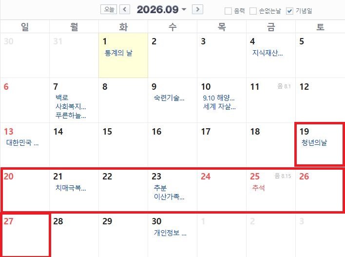 [뉴시스] 9월 24일부터 28일까지 이어지는 추석 연휴를 중심으로 앞선 평일 3일에 연차를 더할 경우 주말까지 포함해 최대 9일 안팎의 휴식이 가능하다. (사진=네이버달력 캡처) *재판매 및 DB 금지