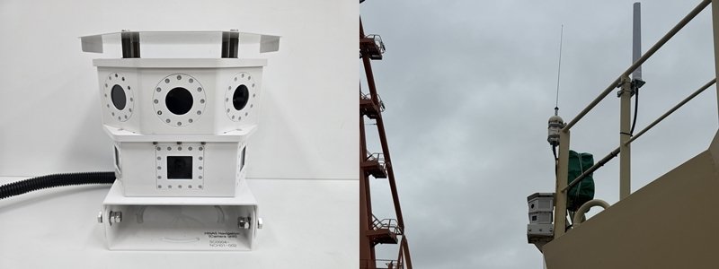 왼쪽 사진은 HD현대 아비커스의 하이나스 컨트롤 내비게이션 카메라 유닛(아비커스 제공). 오른쪽은 카메라 유닛 등이 HMM 에메랄드호에 설치된 모습